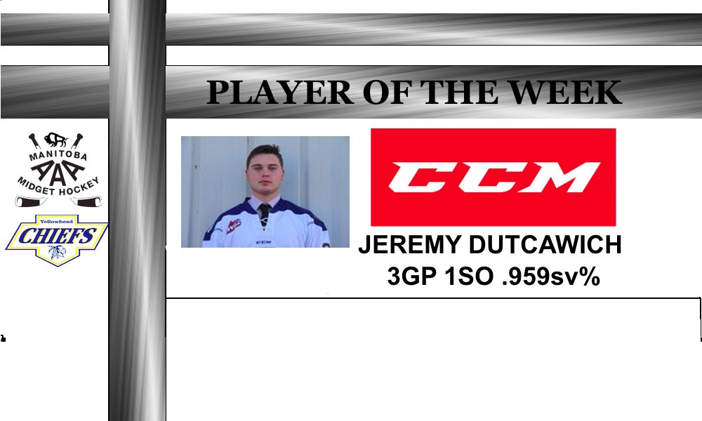 Congrats to @AAAMidgetChiefs Keeper, Jeremy Dutcawich - named <a href="/CCMHockey/">CCM Hockey</a> Player of the Week

Read: mbaaamidget.ca/news_article/s…
