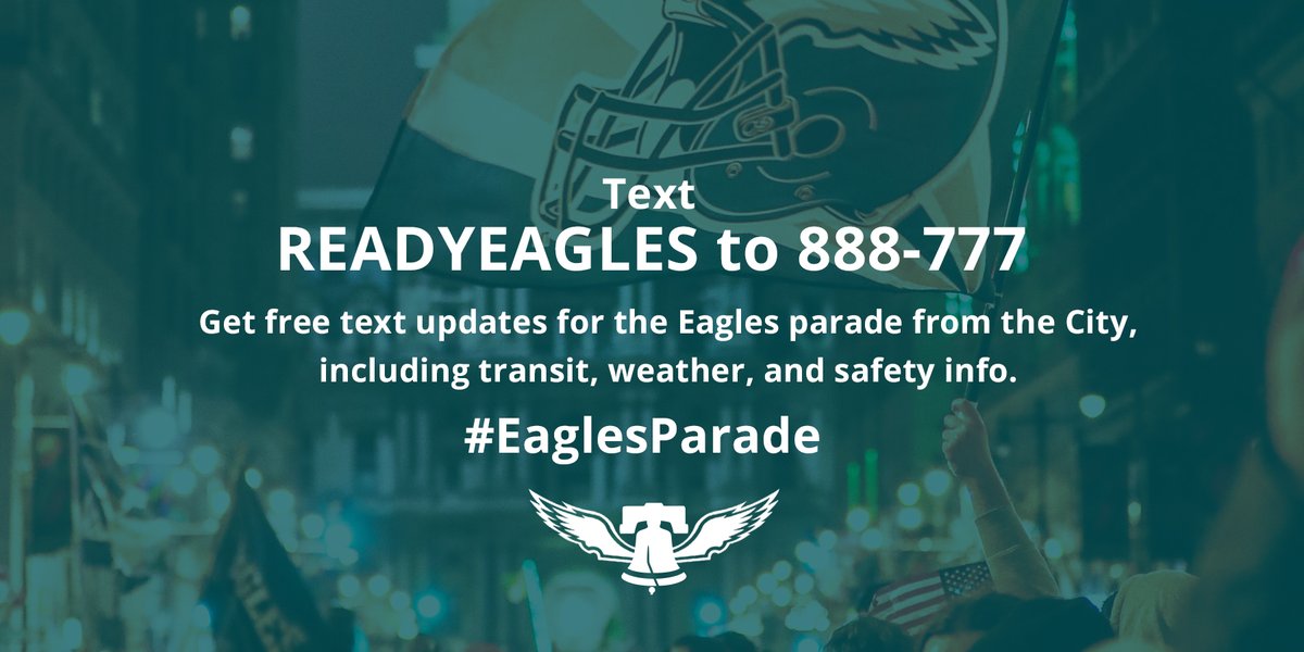 PhillyMCAAA's tweet image. Who's coming to the #EaglesParade on Thursday? Here's all you need to know: just  text "ReadyEagles" to 888-777 for everything parade related. Go Birds!