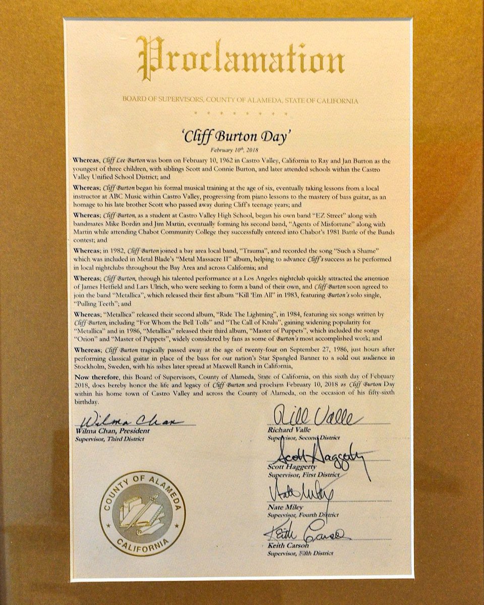 Metallica on Twitter: "IT'S OFFICIAL! The Board of Supervisors from Alameda  County has just proclaimed February 10, 2018, which would have been Cliff's  56th birthday, “Cliff Burton Day.” Thanks to all of