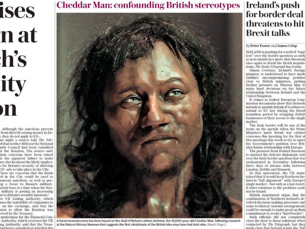 For the Britain First mob out there.....the oldest skeleton found in the uk <a href="/10000/">bruce</a> yrs old.....Cheddar Man was probably of dark skin. Karma....Don't you just love ❤️ it.