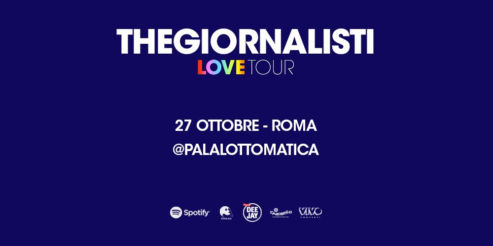 I #Thegiornalisti arrivano con il loro nuovo #LoveTour2018 📌27.10 | Roma | @palalottomatica #Spotify ha organizzato-per la prima volta per un artista italiano-l’esclusiva prevendita “Fans First”: 🎟 dalle h10 del 7.2 per 24h 🎟su ticketone.it dalle h10 di giovedì 8.2