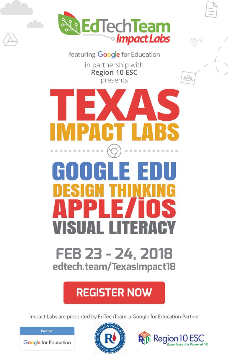 mimg1225's tweet image. Get more from the @edtechteam Texas Impact Lab @Region10ESC featuring #GoogleEdu Feb. 23 - 24 Get your Google Educator Level 1 and 2 Certifications, access to online short lessons, and 2 days of hands on #funPD edtech.team/TexasImpact18