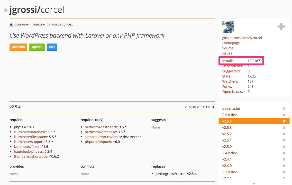 junior_grossi's tweet photo. Congrats @corcelphp for the first 100k downloads :-) #php #corcelphp #corcel #laravel https://t.co/2pYlGpjb1t