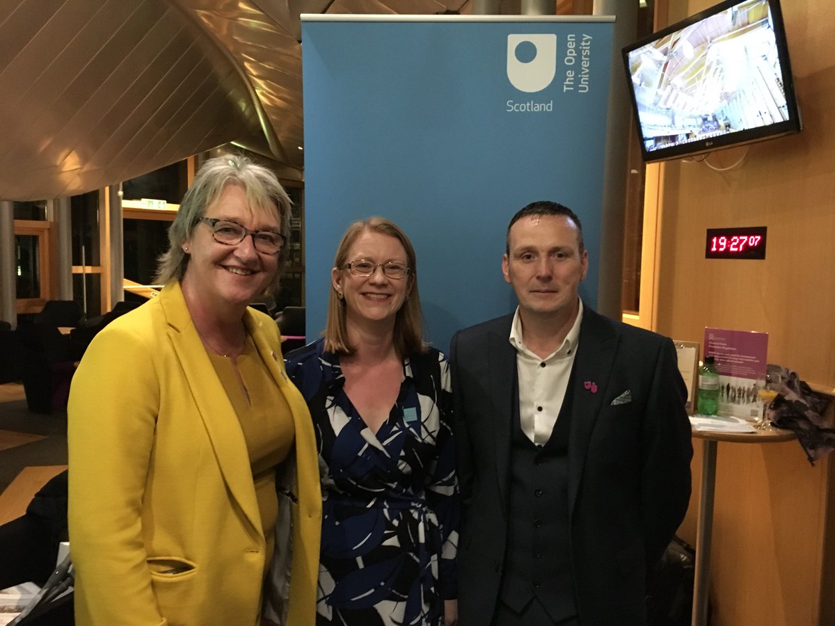 OUScotland's tweet photo. OU in Scotland Director @Scotto_Voce, Minister @S_A_Somerville and nursing graduate Keith - healthcare assistant now working as a nurse for NHS Ayrshire and Arran, and who discovered he was dyslexic during his study - at the #WorkingToWidenAccess reception. https://t.co/YrPp6Czkzi