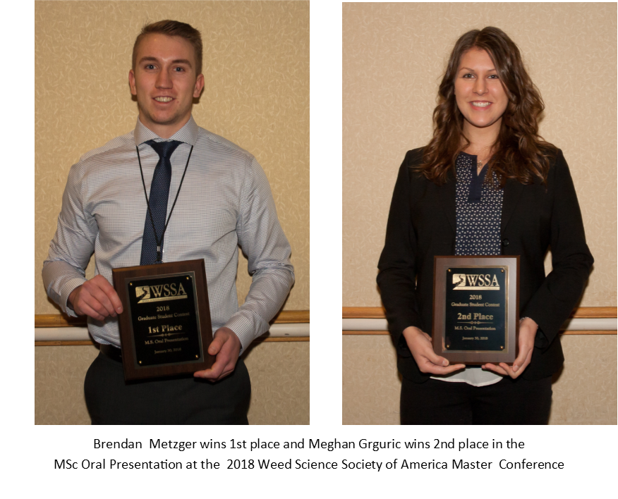 plantagguelph's tweet photo. CONGRATULATIONS! Brendan Metzger and Meghan Grguric win 1st and 2nd place respectively in the MSc Oral Presentation contest at the WSSA conference in Virginia last week against top students from around the world. https://t.co/ZYh5sljApB https://t.co/rFjT0EpHuH