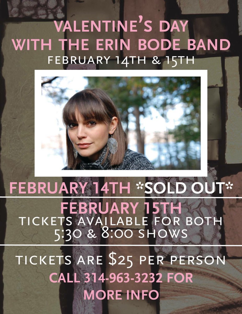 We've got your Valentine's Day plans covered! The Erin Bode band will be playing in our private events space on both February 14th and 15th. Tickets are sold out for February 14th, but the 15th is open! Call us at (314)-963-3232 to make your reservation! ❣️❣️