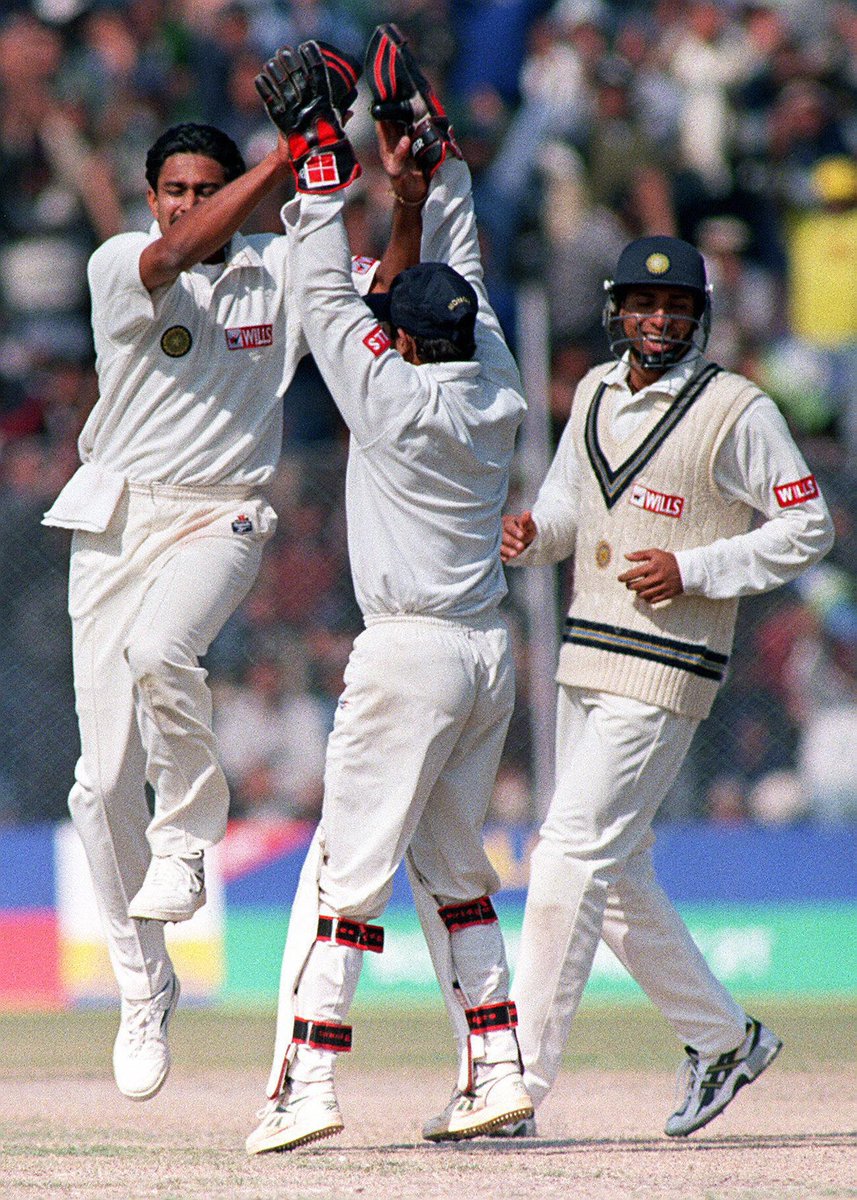 ICC's tweet photo. #OnThisDay in 1999, Indian legend @anilkumble1074 wrote himself into the record books by taking 1️⃣0️⃣  ∕ 7️⃣4️⃣  against Pakistan in the 2nd Test! https://t.co/HtldN6dG6l