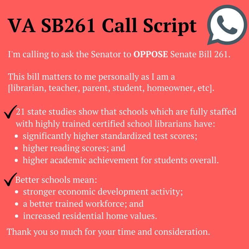 VA SB 261 which undermines VA’s school libraries was “passed by for the day” in VA Senate. We have a bit more time: Librarians, teachers, parents, community members please take to the phones TONIGHT! Phone calls make a big difference. #vaasl #opposeVASB261 #schoollibrariesmatter