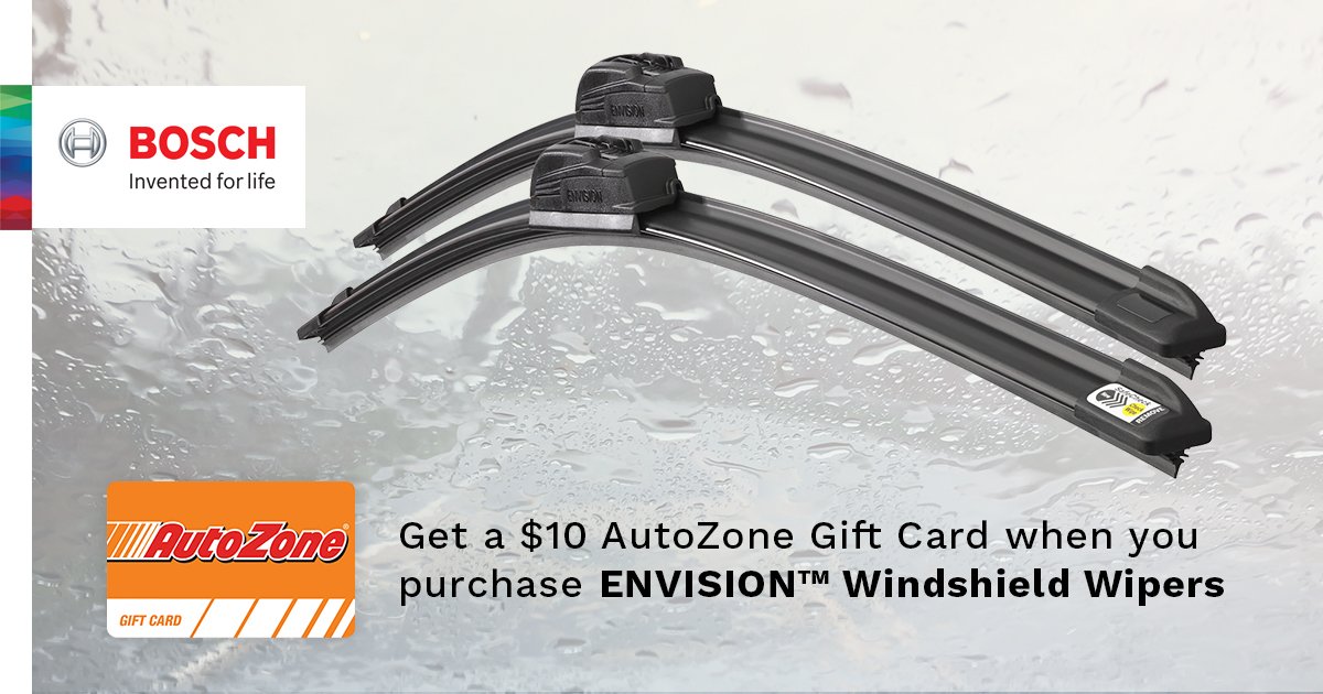 mabcurry's tweet photo. Starting today, you will receive a $10 AutoZone gift card for purchasing two (2) Bosch ENVISION Wiper Blades! #BoschPromo #BoschEnvisionChallenge - https://t.co/RvD78KKLz2 https://t.co/SxI50Jab2z