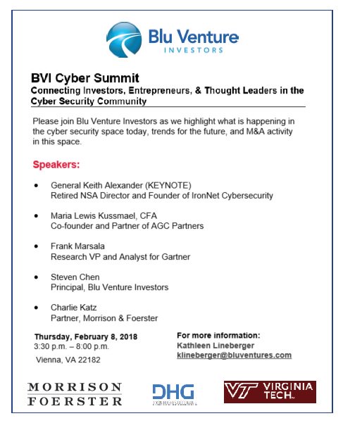 Blu Cybersecurity Summit. Great speakers: Gen (Ret) Keith Alexander <a href="/IronNetCyber/">IronNetCyber</a> , Maria Lewis Kussmaul @AGC_Partners ,  Frank Marsala <a href="/Gartner_inc/">Gartner</a>, Charlie Katz <a href="/MoFoLLP/">Morrison Foerster</a> and Steven Chen <a href="/PFPcyber/">PFP Cybersecurity</a> .  Thanks to our partners <a href="/MoFoLLP/">Morrison Foerster</a> @DHGLLP <a href="/virginia_tech/">Virginia Tech</a>.