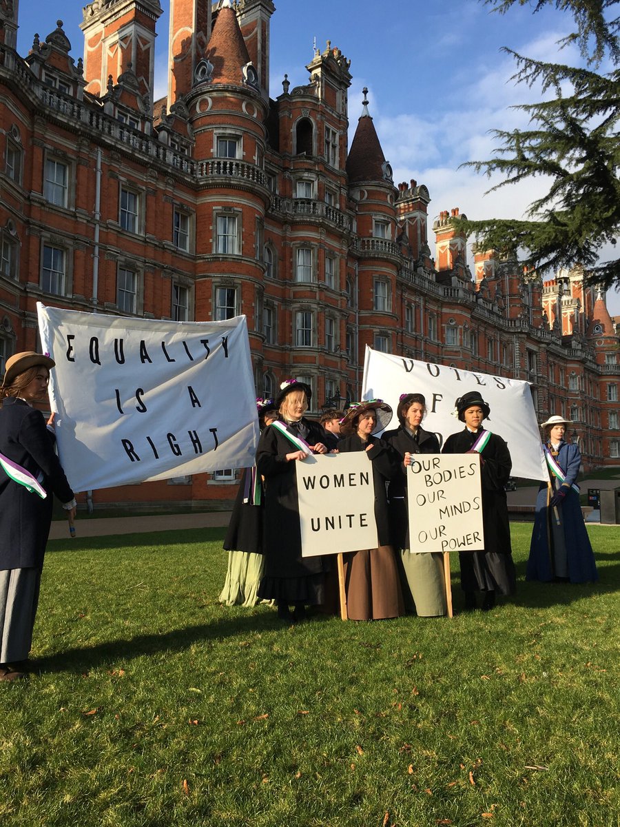 Our students re-enacting a suffragette march, with images spreading from the bbc front pages to Getty image bank. Yet to be noted, 3 of our 4 slogans are contemporary, from marches happening here and now. Equality is a right we need to keep fighting for. @womensmarchlon