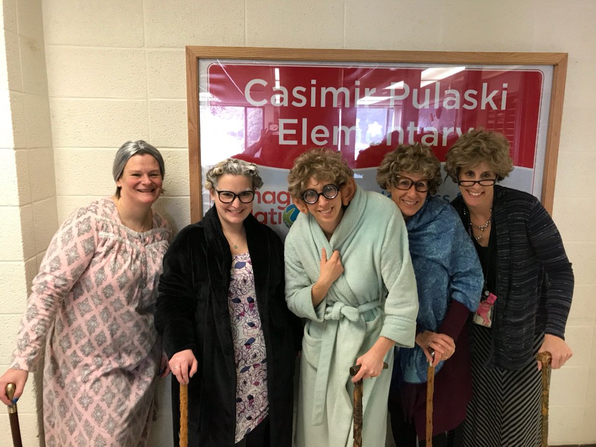 PulaskiPride's tweet photo. The 100th day of school is a milestone at Pulaski School. Today students and staff showed Pulaski Pride by dressing up like they are 100 years old! Students want to come to school because our teachers make learning fun and engaging!  #PulaskiPride @Meridenk12 @mft1478 #MeridenDLT https://t.co/7VFOkMT8m3