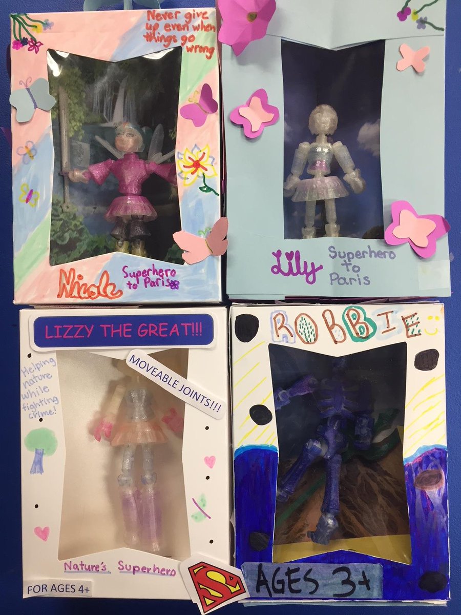 ChallengeObps's tweet photo. Sneak peek of design projects from 4th Grade Challenge. Action figures created with #thingmaker @makerbot 3D printer, package designs, and comic book covers too. Busy days in Challenge class. #designthinking #creativity #makerspace #GiftedEd https://t.co/lH5hN3ysev