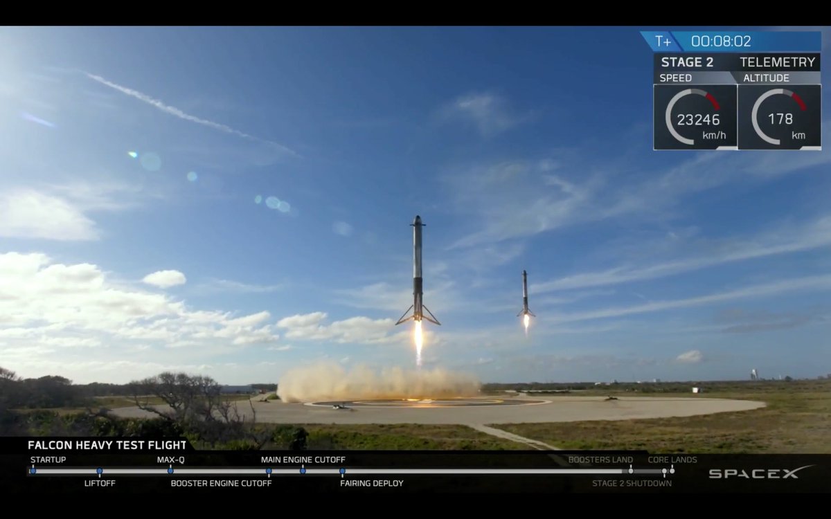 claranellist's tweet photo. That is a epic shot of the two booster rockets landing simultaneously. #FalconHeavy https://t.co/00QE8YJgS1