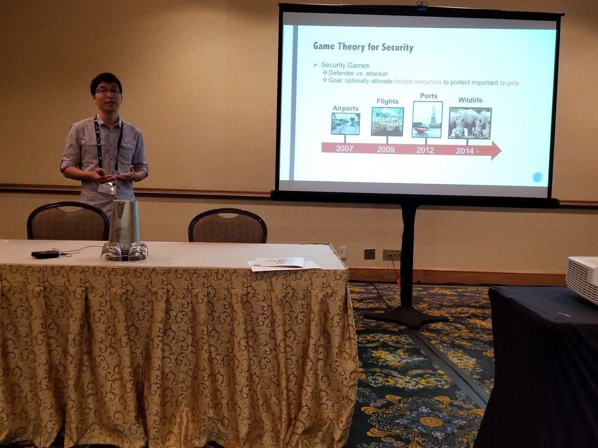 CAIS_USC's tweet photo. Haifeng Xu PhD Student and @CAIS_USC team member presenting his paper #Strategic #Coordination of #Human #Patrollers and #Mobile #Sensors with #Signaling for Security Games at #AAAI2018 #AAAI18 #GameTheory #UAVs #AIforGood @MilindTambe_AI @phebe_vayanos https://t.co/XOJGIKAcho https://t.co/zAKLDnvJXv