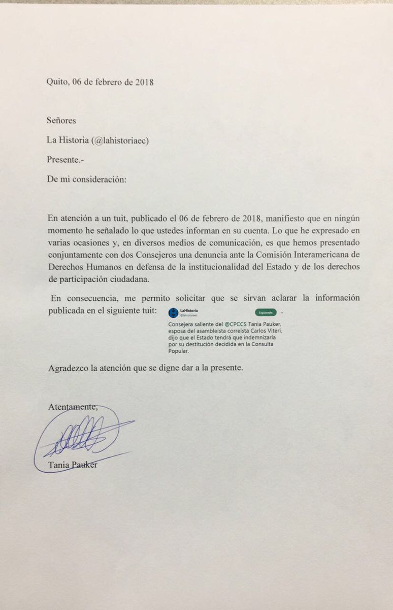 TaniaPauker's tweet photo. @lahistoriaec. No he mencionado lo que ustedes publican. Informé sobre la presentación de la solicitud a la CIDH en defensa de los derechos de participación y la institucionalidad del Estado. He señalado que el Ecuador ha sido sentenciado por vulneración de derechos. https://t.co/GP62g7wkwd