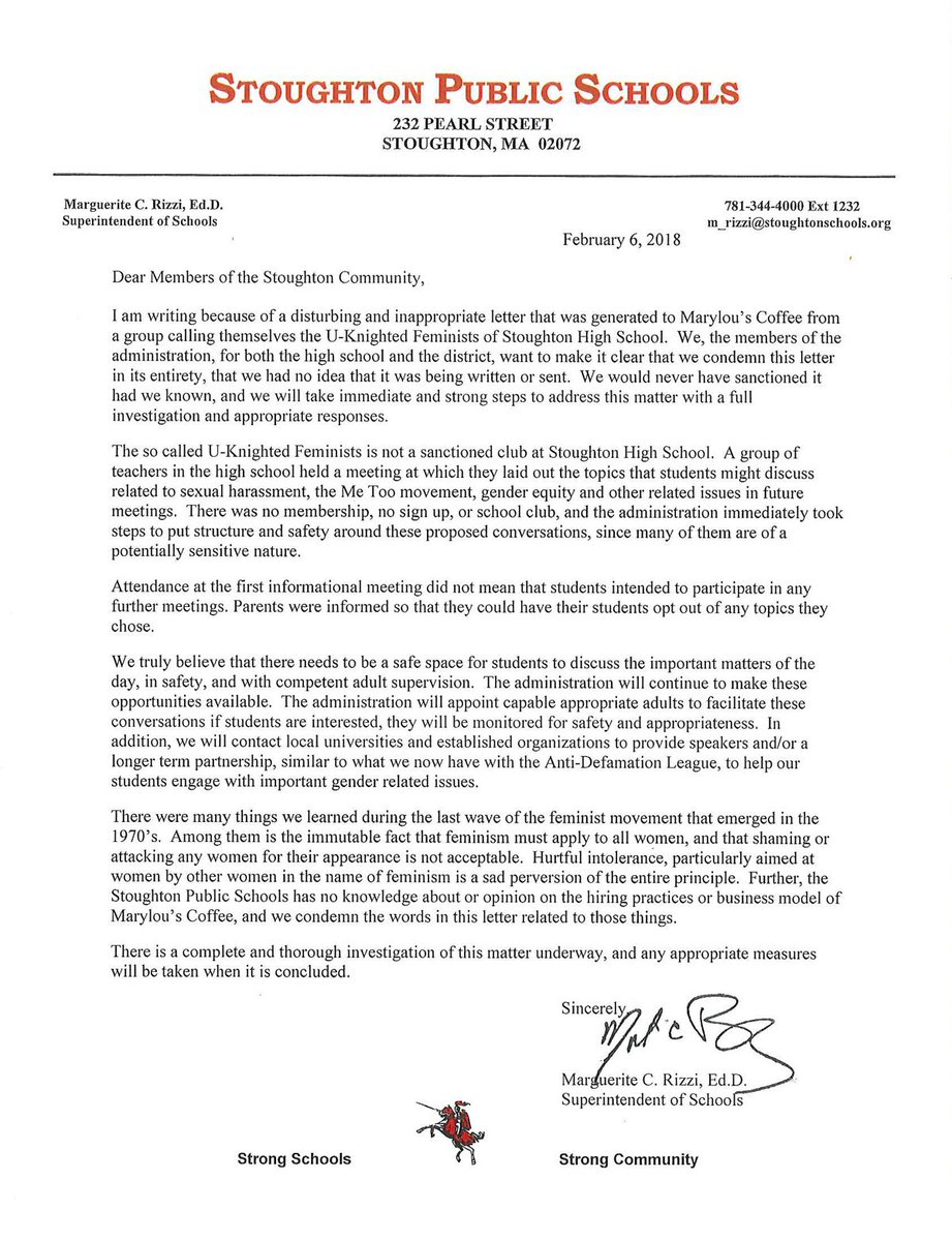 Dear Members of the Stoughton Community, please read this letter from Dr. Rizzi, Supt of Schools, about a disturbing and inappropriate letter sent to Marylou’s Coffee from a group calling themselves the U-Knighted Feminists of Stoughton High School. facebook.com/stoughtonpubli…