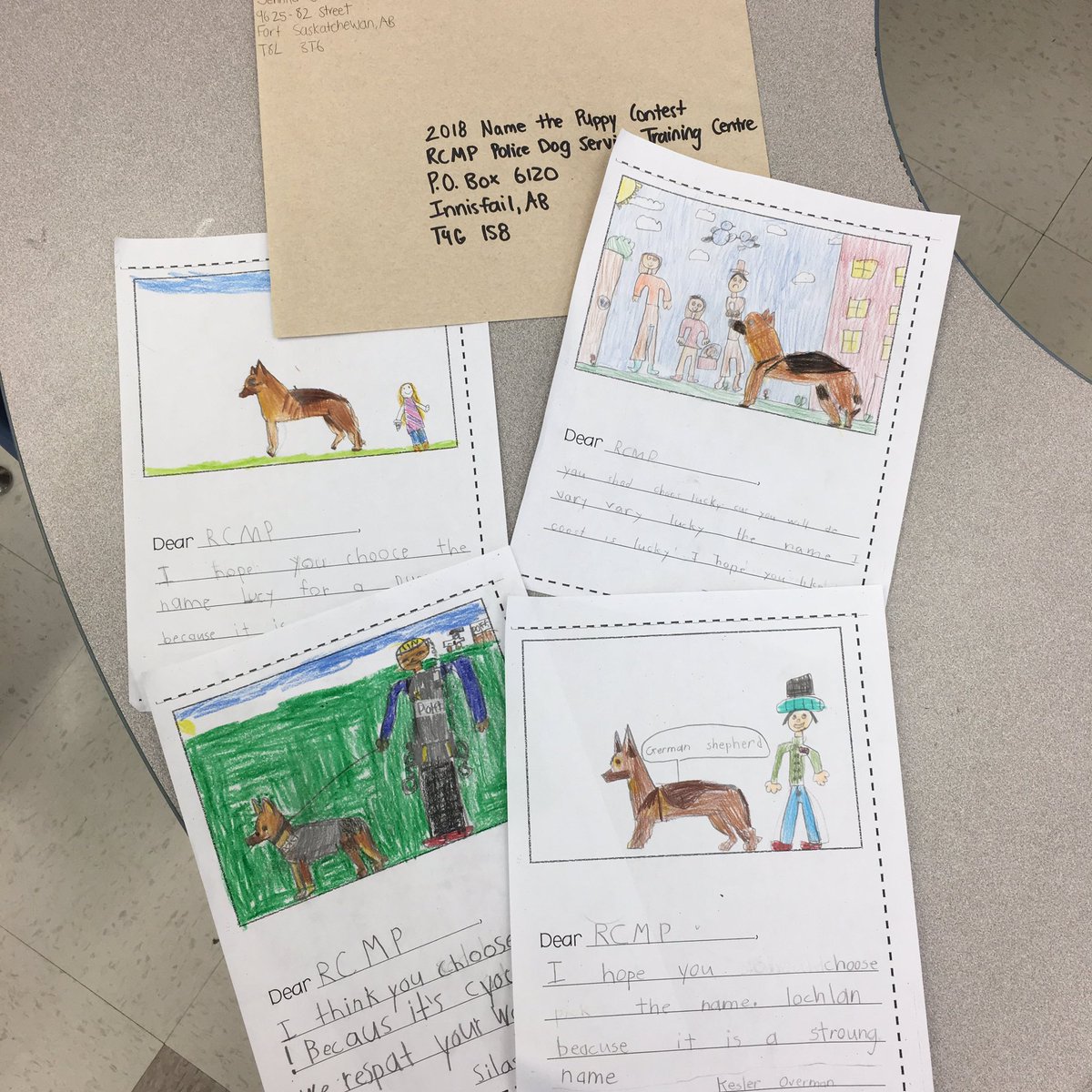 Backpack_Bear's tweet photo. We wrote our letters to @RCMPDepot! We really hope one of our names is picked for the new puppies! @ArtforKidsHub taught us how to draw a German Shepard! We did some more addition without regrouping. Great day! #jmw #EIPSTeaches #backpackbearlearns https://t.co/LjaEGUG7Fg