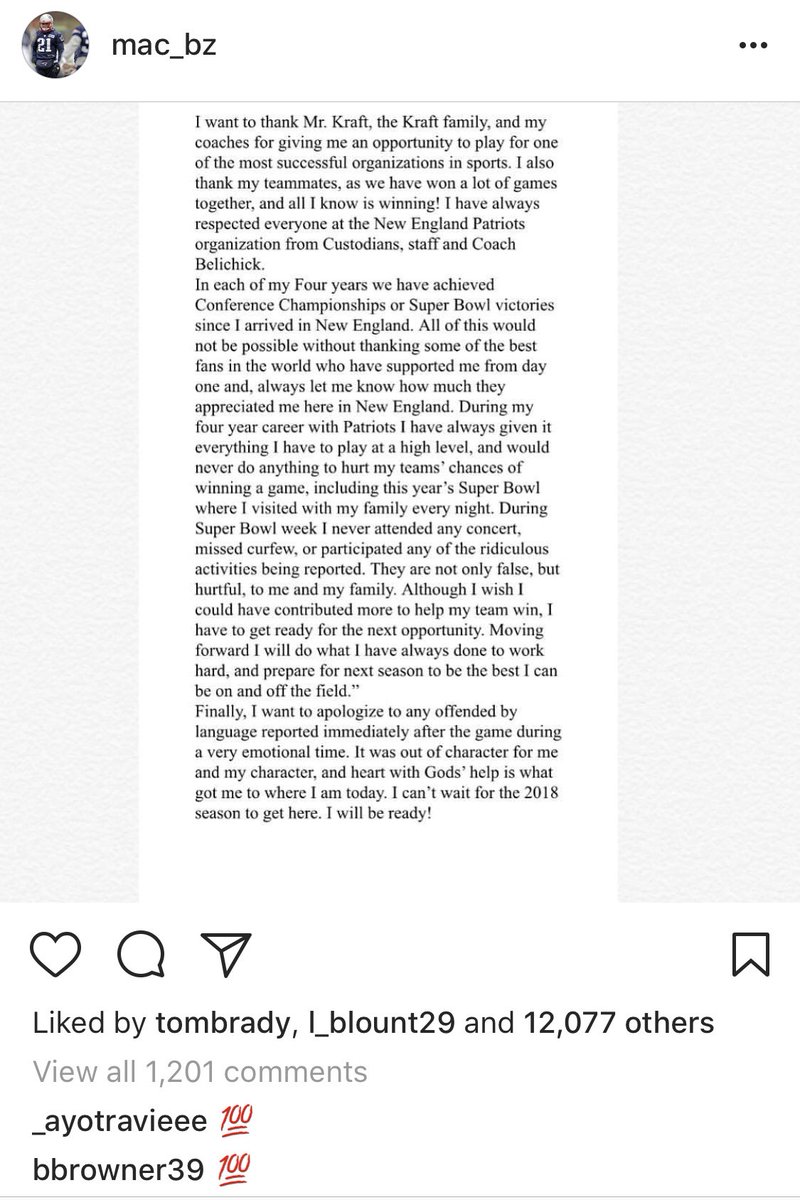 ByMarkDaniels's tweet photo. Malcolm Butler’s statement, on Instagram, was liked by Tom Brady. https://t.co/PHnIO5OxbE