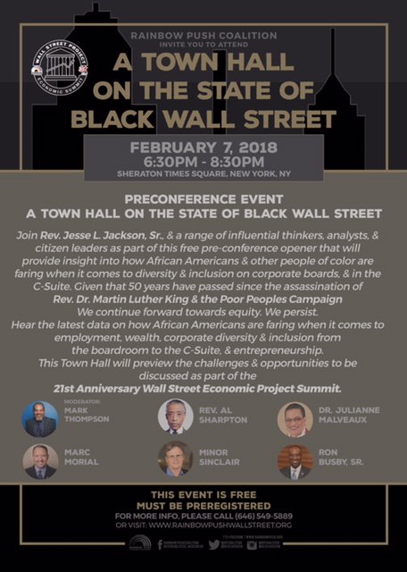 RevJJackson's tweet photo. TOMORROW #GetWoke! “A Town Hall on the "State of Black Wall Street” w/ @MaxFWolff @TheRevAl @DrJlastword #RonBusbySr #MinorSinclair MODERATED BY @ministter of @Makeitplain 2. 7. FREE pre-conf event. https://t.co/e1uvmTWLeb @Wallstreetproject  #WSPES2018 #StayWoke #KeepHopeAlive! https://t.co/3CQj43YgGQ
