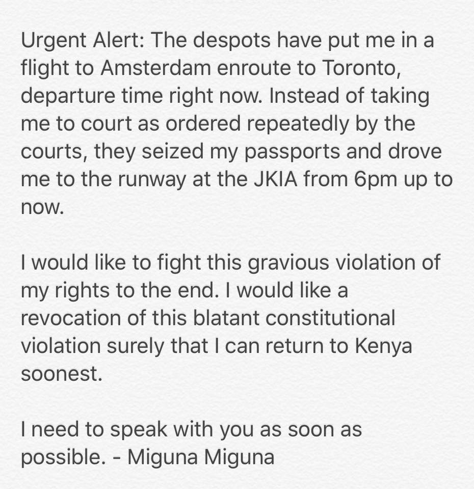 LarryMadowo's tweet photo. Kenya just illegally deported Miguna Miguna to Canada, a prominent opposition politician with dual citizenship.

What next? https://t.co/lmG6wKby1X