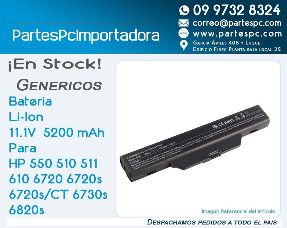 partespc's tweet image. Envíos 100% seguros a todo el país 
#Bateria #HP Li-Ion 11.1V  5200 mAh
Para 550 510 511 610 6720 6720s 6720s/CT 6730s 6820s 
☎ bit.ly/PartesPC #PartesPC