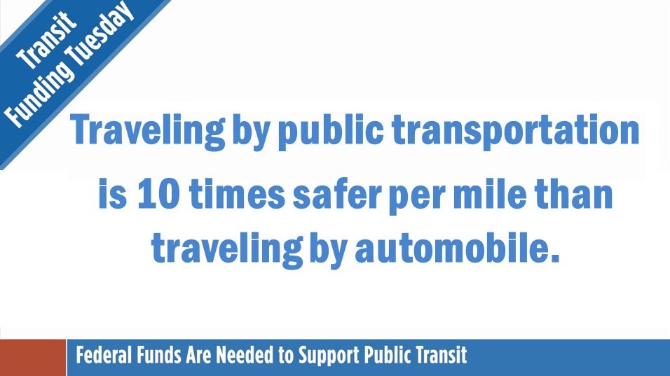 APTA_info's tweet photo. Traveling by public #transit is 10 times safer per mile than traveling by automobile. #TransitFundingTuesday https://t.co/mFvJN0X1wA https://t.co/g3qJ4YotVf