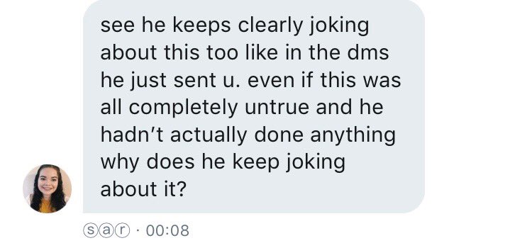 yet again avoiding the screenshots question! ntm his messages basically saying look how good i am i called someone with a ~mental illness~ & then his gross joke about his past actions