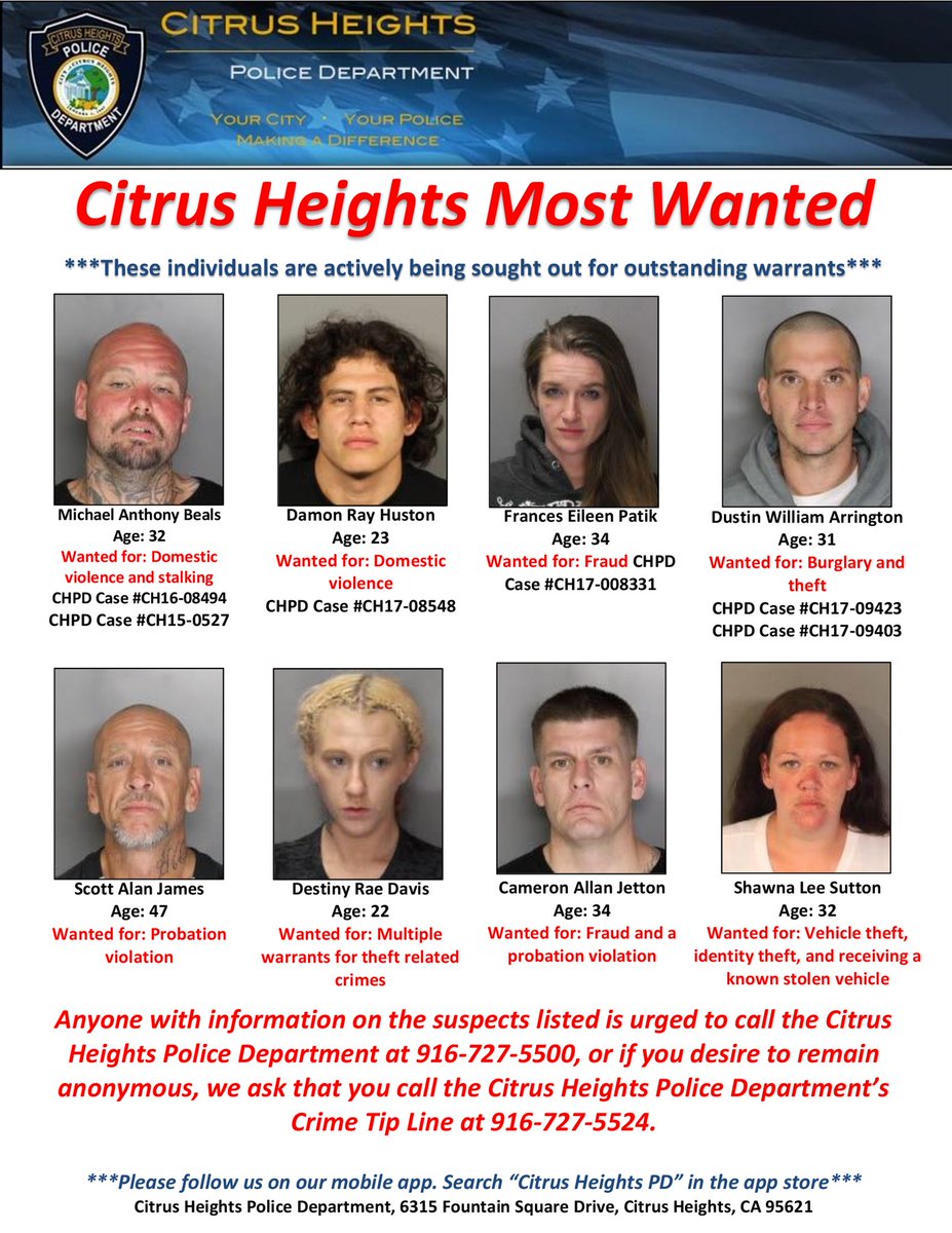 citrusheightspd's tweet photo. Citrus Heights Most Wanted! Please share and if you have any information on anyone listed, please call your tip in or message us. #CHPDwanted https://t.co/k3yNew4jBO