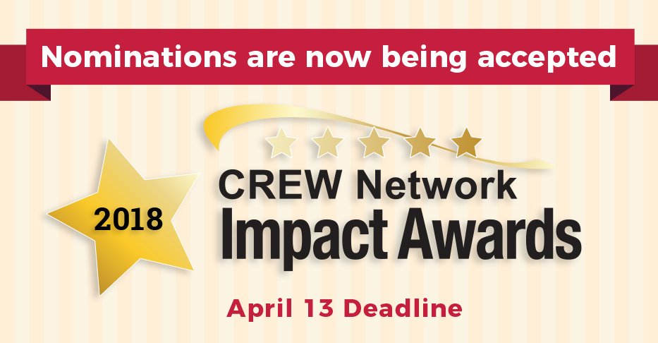Nominations are now being accepted for the 2018 <a href="/CREW_Network/">CREW Network</a> Impact Awards. Please take a moment to review the criteria for each award, &amp; nominate an outstanding #CRE professional today! Winners will be recognized at the #crewconvention in San Diego. ow.ly/DpGr30idLlq