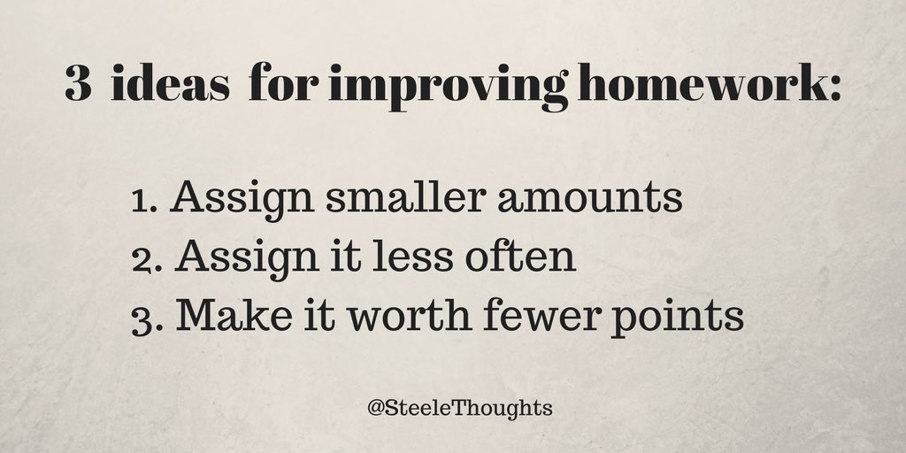 SteeleThoughts's tweet image. 3 ideas for improving homework:

      1) Assign smaller amounts
      2) Assign it less often
      3) Make it worth fewer points