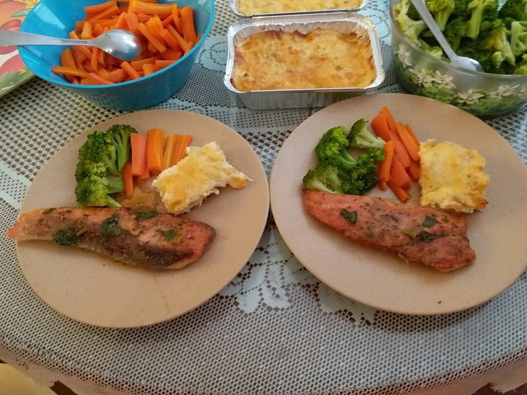 Steak salmon &amp; potato gratin with saos mushroom by Me