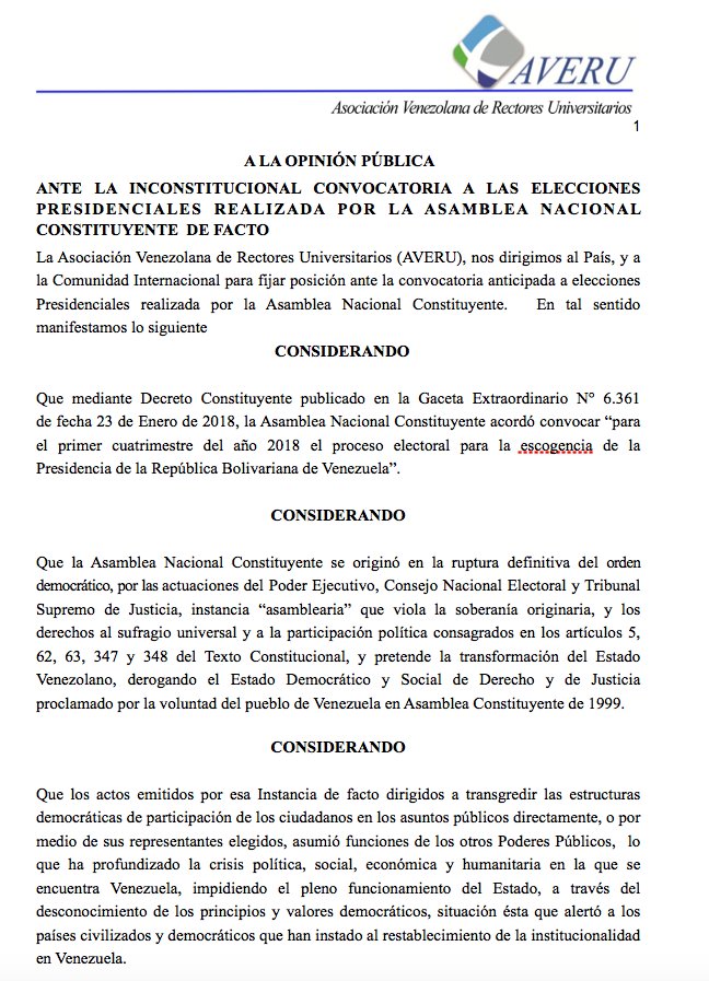 GarciaArochaC's tweet photo. Comunicado de AVERU ante la inconstitucional convocatoria a las elecciones presidenciales realizada por la Asamblea Nacional Constituyente de facto. #6Feb https://t.co/WSbkd2axTt