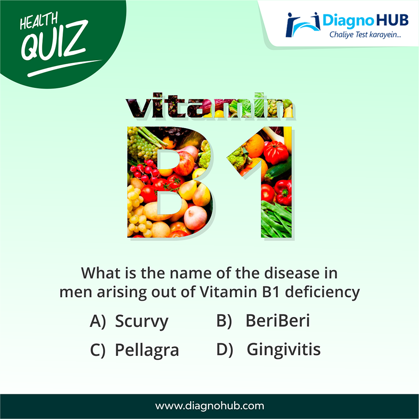 DiagnoHub's tweet photo. What is the name of the disease in men arising out of Vitamin B1 deficiency?
1.Scurvy
2.BeriBeri
3.Pellagra
4.Gingivitis
#quiz #quiztime #wednesdayquiz #funtime https://t.co/nJW3WcSQY0