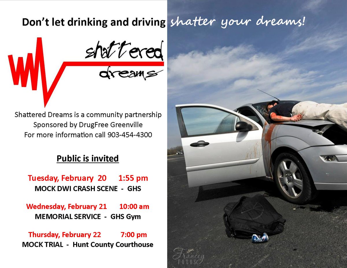 drugfreegville's tweet image. Shattered Dreams 2018 is just two weeks away. DrugFree Greenville representatives &amp;amp; hundreds of volunteers from throughout the community have been working for over a year to  implement this intensive 3 day drinking/drugging and driving awareness program.  The public is invited.