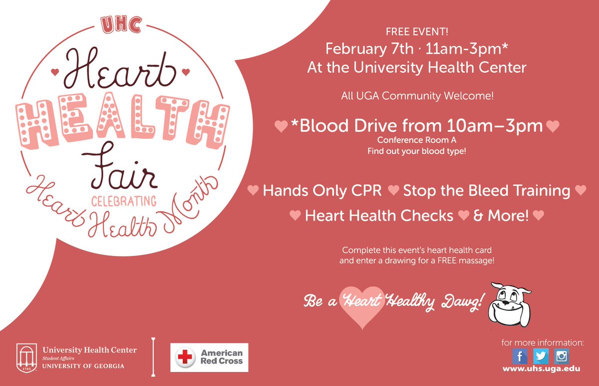 UGAHealthCenter's tweet photo. Heart Health Fair TOMORROW at #UGA! 
Blood pressure checks, life-saving tips, heart healthy snack samples, and much more at the University Health Center, 11am-3pm.
@RedCross blood drive from 10am-3pm! 
Drop in or sign up to donate using code "UGA" - https://t.co/mjNQfcdoF3 https://t.co/fBOPp70V6T
