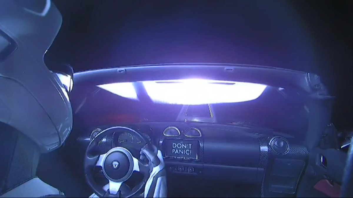 FalconStarman's tweet photo. I just saved a bunch of money on my car insurance by leaving the atmosphere. #FalconHeavy #SpaceX #Starman https://t.co/6GeWn8gOwr