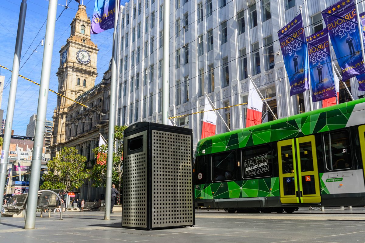 cityofmelbourne's tweet photo. We’re very excited about our new bins. They were installed last night. 
They’re solar powered, alerting us when they need to be emptied. https://t.co/HVrvqj5nvj