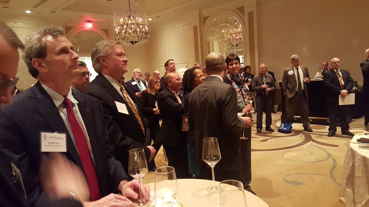 pmfvanderbilt's tweet photo. All deans of Engineering listen to ASEE Executive Director Norman Fortenberry at the reception for the Public Policy Colloquium in Washington DC. Have fun &amp; identify these deans: Georgia's Donald Leo, Arkansas's John English, Cornell's Lance Collins, and CCNY's Gilda Barabino https://t.co/uxKbdiPOcs