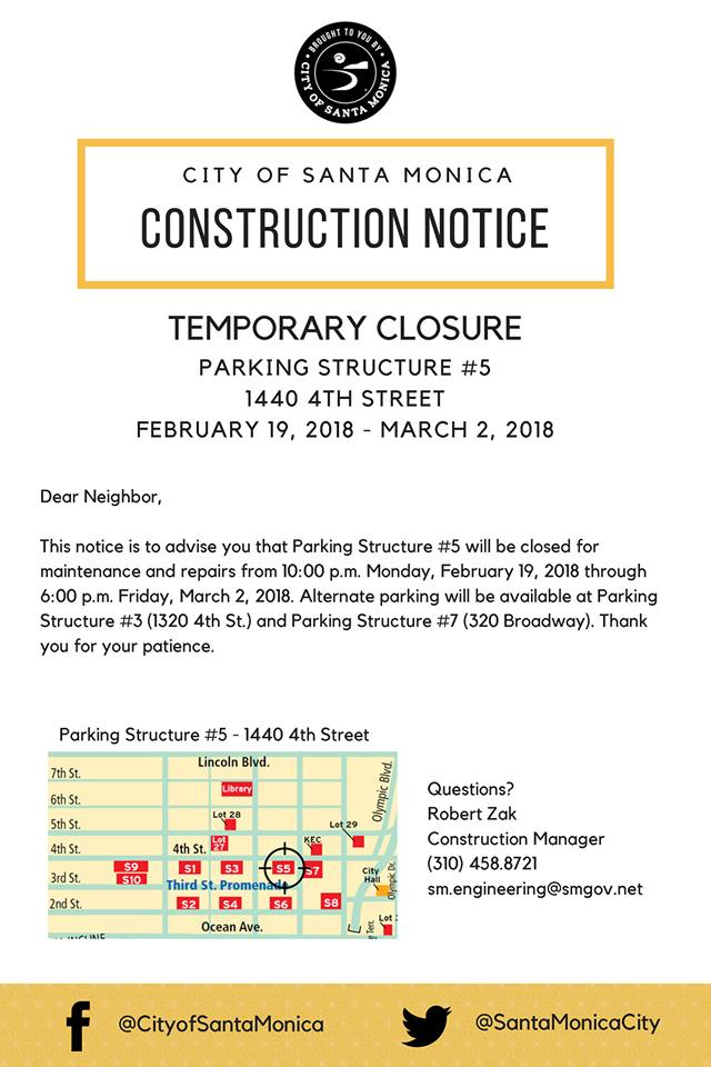 Parking Structure 5 is closing later this month for repairs and upgrades. Please take notice. For other private and public lots, download the <a href="/ParkMe/">ParkMe</a> app or visit downtownsm.com/parking-info-1… #SantaMonica #parking