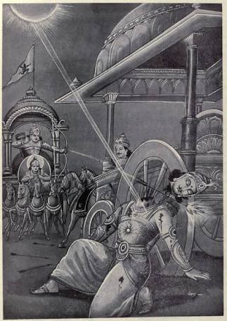 Later, Karna resumed dueling with Arjuna. Karna and Arjuna battle each other in a ferocious fight, until Parashurama’s curse, comes true and Karna’s chariot wheel sinks to the ground. During their duel, Karna’s chariot wheel got stuck in the mud.