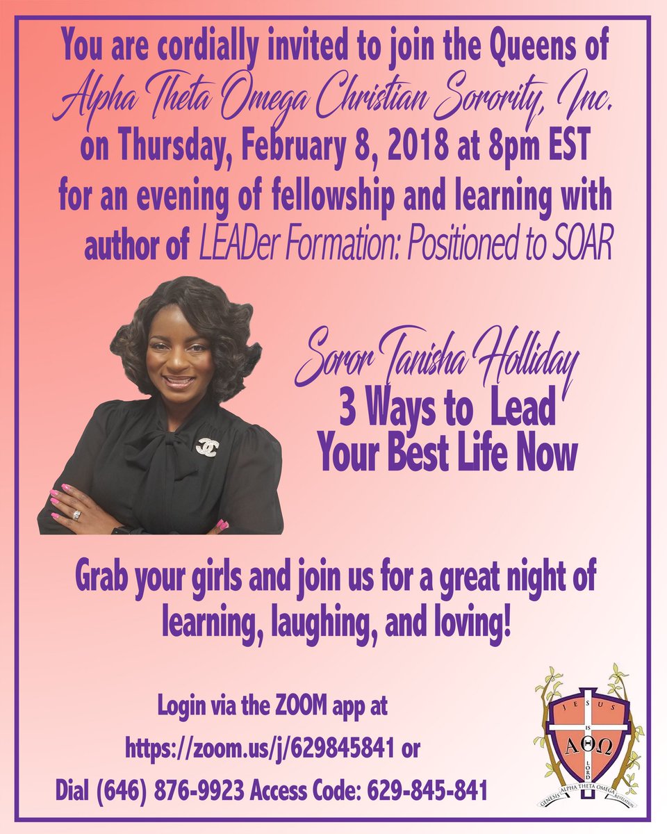 atotheta2002's tweet photo. We are on tiptoe anticipation to spend the evening with @tanishaholliday this Thursday learning the key to having the life we desire!!! Have you invited anyone yet? 
—
#Thetas #LeadingLadies #ATO #Queens #ForHisGlory #Royalty #ThetaThursday #WakePraySlay #PurplePower https://t.co/cEIOji0gim