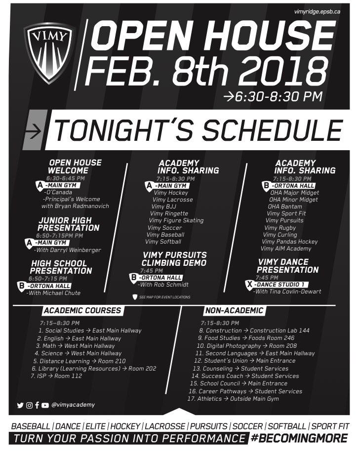 VimyAcademy's tweet photo. Here is the official schedule for the 2018 #VimyOpenHouse on Thursday. The gym fills up fast so get here early. #VimyProud #epsb #yeg #co #yegopenhouse https://t.co/yZ1lUdiIF3