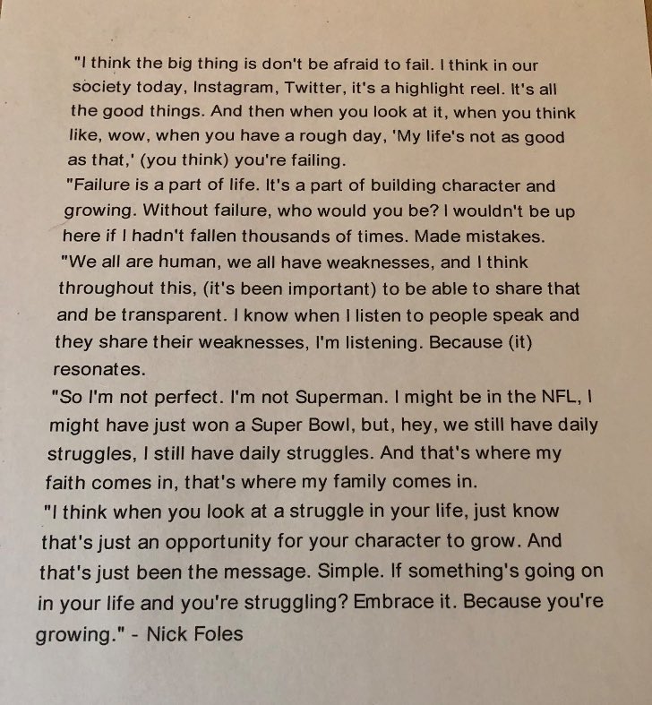 KATVMelinda's tweet photo. No matter who you were pulling for, this statement from Super Bowl LII MVP Nick Foles rocks! What a message for young people. Social media is often not real life and the struggle is sometimes very real! @KATVNews https://t.co/TPxKSCzd7V