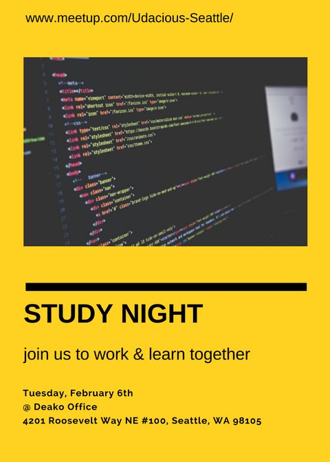 UdaciousSeattle's tweet photo. Study Night tonight at 7

See you soon! https://t.co/gy7XFU3Zow