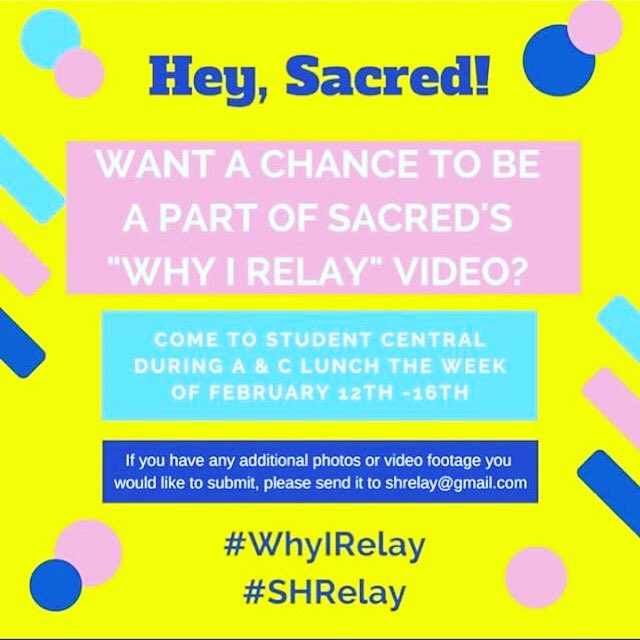 HumansOfSacred's tweet photo. Hey Cru! Pop on over to Student Central (beside the Chapel) all next week (February 12th-16th) to participate in this year’s #whyirelay video! We’ve all been touched by cancer, this is your time to tell your story! #worldcancerday #shrelay #cruspirit @SacredRelay https://t.co/K7fzs2rDe8
