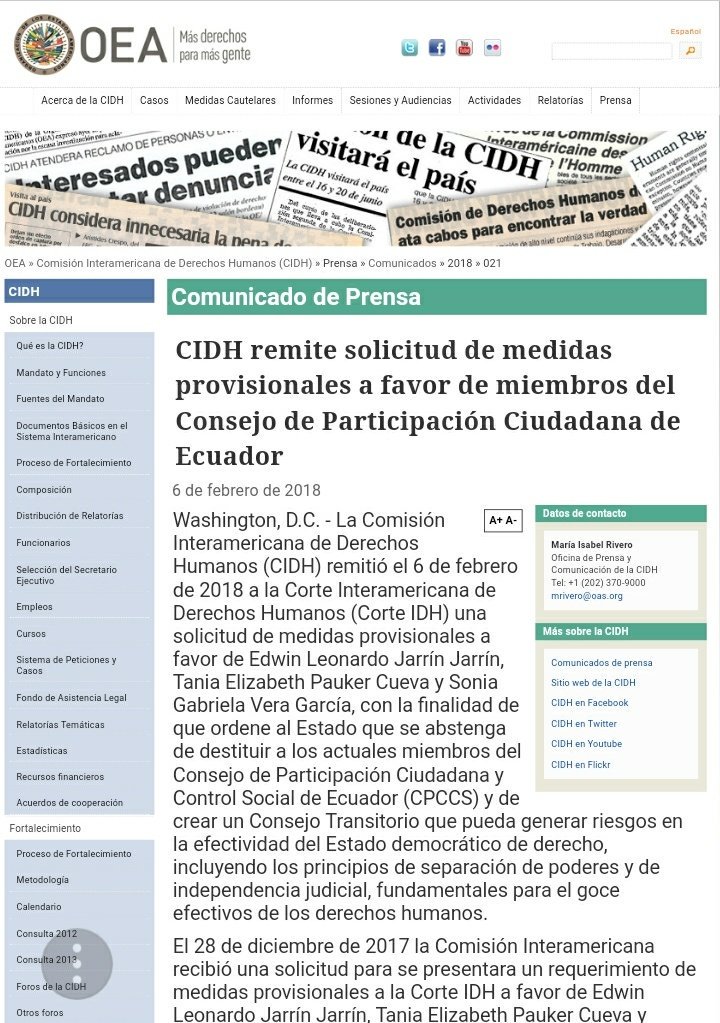 .@CPCCS 

Mas allá de cada uno de nosotros está el símbolo y precedente de una ruptura procedimental innegable y evidente, eso es lo que advierte hoy la #CIDH 

oas.org/es/cidh/prensa…