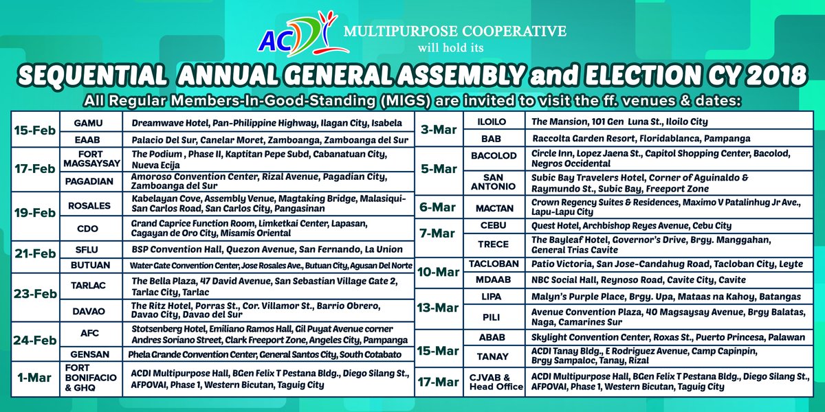 ACDI_MPC's tweet photo. To all ACDI MPC Regular Members who will receive an invitation, you are invited to attend the Sequential Annual General Assembly and Election (SAGA &amp; E) CY 2018. https://t.co/SpqPmPYcp5