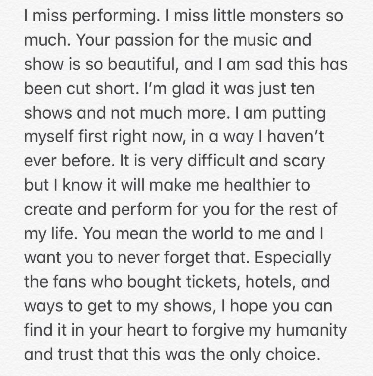 LGTourNews's tweet photo. Lady Gaga just posted this message on https://t.co/etALoGGpJC! 💝 We miss you too @ladygaga, get better soon. ❤️ https://t.co/NUnMBXe2E9