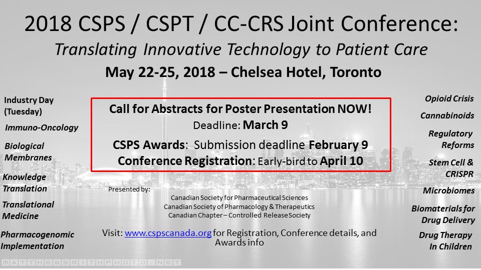NDanesht's tweet photo. Registration and abstract submission for the 2018 CSPS/CSPT/CC-CRS Joint conference (May 22-25- Chelsea Hotel, Toronto) is now OPEN! Check out the program topics and spread the word #CSPS2018, @CanadaCSPS @ChristineAllenW @clau2lau @FrankAbbott9 https://t.co/p9KNGKM2V7